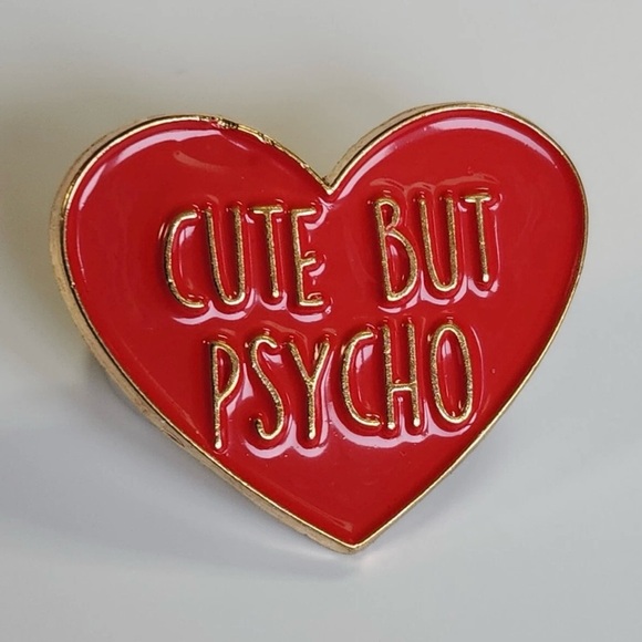 Cute but Psycho Heart Enamel Pin - Funny Red & Gold Brooch - Picture 3 of 8